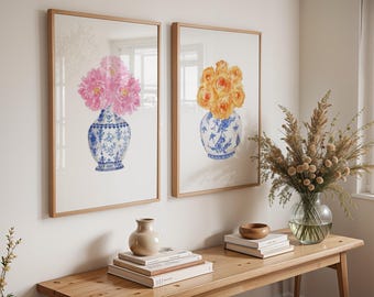 Jarrón azul floral para pared / Conjunto de láminas florales de estilo chinoiserie / Descarga digital para un hogar elegante de verano