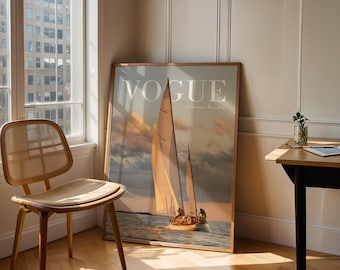 Lámina decorativa de velero para pared / Estampado veraniego estilo Vogue / Descarga digital con temática costera