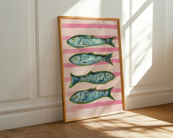 Cuadro decorativo de peces costeros con rayas rosas / Pintura náutica colorida / Descarga digital para casa de playa