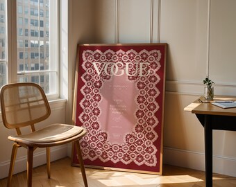 Vintage Vogue Lace Cover Print | Burgundy Pink Editorial Wall Art (Digital Download)