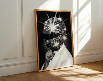 Disco Racing Helmet Print | Black & White Editorial Wall Art | Motorsport Digital Download