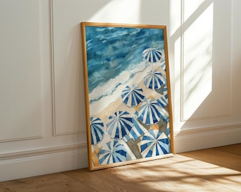 Acuarela de sombrilla costera / Lámina para pared de casa de playa / Descarga digital de verano