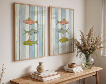 Conjunto de dos impresiones de pared de peces pastel / Arte costero náutico de moda / Descarga digital instantánea