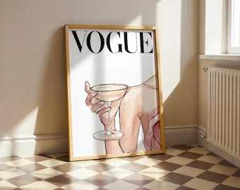 Impresión de arte mural de moda editorial / Póster con ilustración de champán / Descarga digital de moda glamurosa
