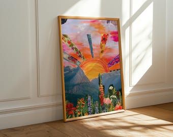 Collage floral de amanecer colorido, arte de pared imprimible / Descarga digital bohemia vibrante