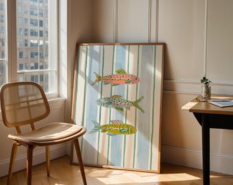 Arte de pared imprimible con peces pastel / Decoración costera moderna con acuarela / Descarga digital instantánea