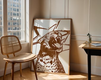 Vintage Leopard Wall Art | Retro Brown & Blue Animal Print | Eclectic Graphic Digital Download