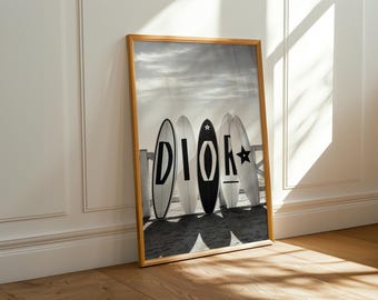 Coastal Surfboard Fashion Print | Black & White Beach Wall Art | Editorial Style Digital Download