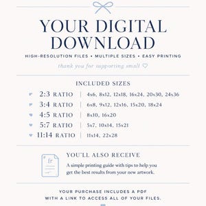 May include: A digital download information sheet with a light blue striped border. Text includes: YOUR DIGITAL DOWNLOAD, HIGH-RESOLUTION FILES, MULTIPLE SIZES, EASY PRINTING, INCLUDED SIZES with ratios 2:3, 3:4, 4:5, 5:7, 11:14, and printing guide details.