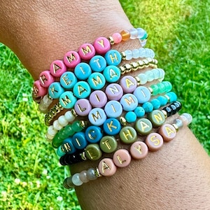 Personalized Kids Name Jewelry, Stacking Dainty Bracelet Gift for Mama, Custom Word Gold and Gemstone Beaded Stretch Bracelet