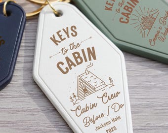 Bachelorette Cabin Party Keychain - Personalized Motel Key Tag - Camping Batch Weekend Favor, Custom Engraved PU Leather Camp Trip Favor