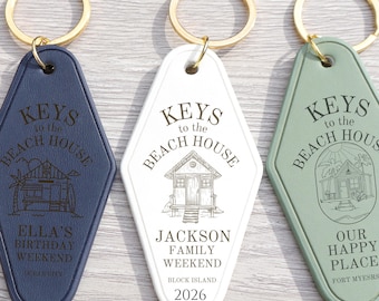 Personalized Retro Motel Keychain, Beach House Gift, Engraved Leatherette Tag