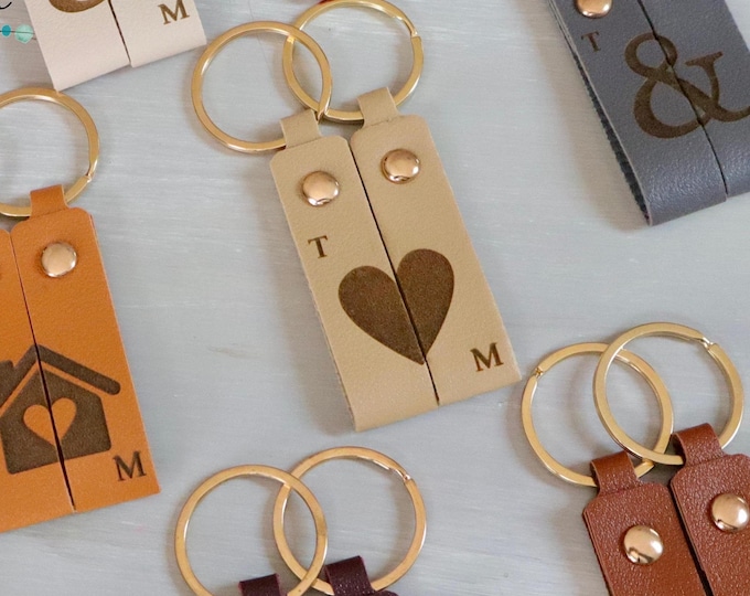 Personalized Couples Leather Keyring Set | Matching Pair of Keychains for Anniversary Gift | His and Hers Custom Date GPS Coordinate Gift