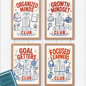 May include: A 4-design bundle of framed posters featuring red and blue illustrations and text. The prints include Organized Minds Club, Growth Mindset Club, Goal Getters Club, and Focused Learners Club, each with various icons like books, planners, and gear.