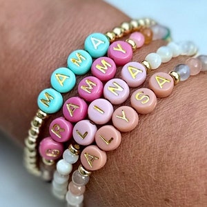 Personalized Kids Name Jewelry, Stacking Dainty Bracelet Baby Shower Gift for Mama, Custom Word Gold and Gemstone Beaded Stretch Bracelet