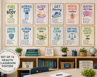 Healthy Habits Posters for Classroom, Homeschool, or School Nurse Health Office Decor, Back to School Watercolor Stripe Prints (Digital)