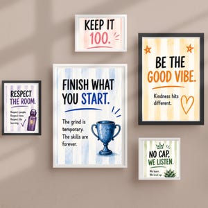 May include: A gallery wall set of five framed posters with motivational text. The prints feature light striped backgrounds in blue, yellow, and green. Text includes "Keep it 100," "Respect the room," "Finish what you start," "Be the good vibe," and "No cap, we listen," accompanied by illustrations of a trophy, a water bottle, stars, a heart, and a crown.
