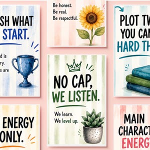 May include: A collection of six rectangular posters featuring motivational text and illustrations including a blue trophy, a sunflower, a stack of three books, a potted succulent, and bold typography on a light striped background with pastel colors.