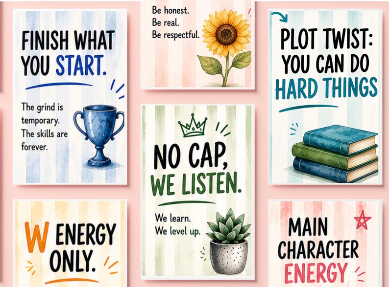 May include: A collection of six rectangular posters featuring motivational text and illustrations including a blue trophy, a sunflower, a stack of three books, a potted succulent, and bold typography on a light striped background with pastel colors.