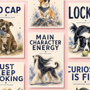 May include: A collection of six rectangular art prints featuring watercolor-style illustrations of various dog breeds. Each print includes bold blue text with phrases like NO CAP, LOCK IN, MAIN CHARACTER ENERGY, JUST KEEP COOKING, and CURIOSITY IS FIRE.