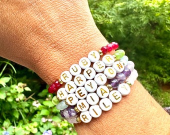 Custom Name Bracelet, 14k Gold Filled, Gemstone Beaded, Personalized Jewelry