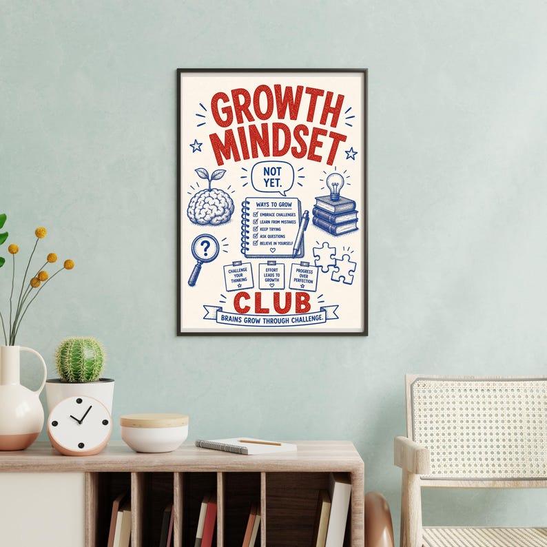 May include: A framed poster with the red text GROWTH MINDSET CLUB and the subtitle BRAINS GROW THROUGH CHALLENGE. It features blue illustrations of a brain with a sprout, a checklist titled WAYS TO GROW, a stack of books with a lightbulb, and puzzle pieces.