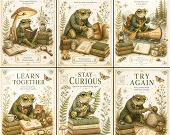 Motivational Classroom Posters, Vintage Frog Wall Art, Classroom Decor for Elementary Middle & High School, Set of 6 Digital Downloads