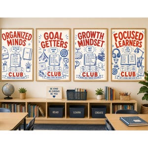 May include: Four rectangular wall posters with red and blue illustrations and text. The posters feature the phrases Organized Minds Club, Goal Getters Club, Growth Mindset Club, and Focused Learners Club, accompanied by icons like notebooks, brains, and lightbulbs.