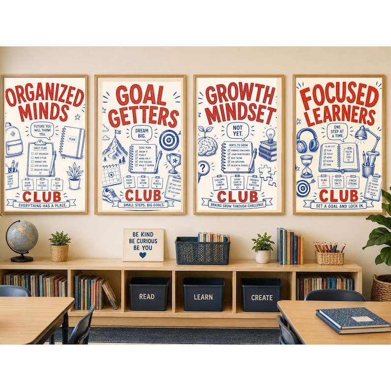 May include: Four rectangular wall posters with red and blue illustrations and text. The posters feature the phrases Organized Minds Club, Goal Getters Club, Growth Mindset Club, and Focused Learners Club, accompanied by icons like notebooks, brains, and lightbulbs.