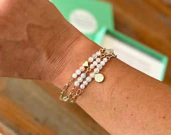 Rose Quartz Aquamarine Bracelet, Gold Paperclip Chain, Fertility Gift