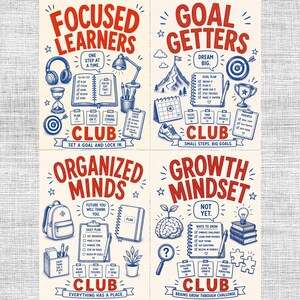 May include: Four educational posters featuring red and blue illustrations on a cream background. Each poster displays a club title: Focused Learners, Goal Getters, Organized Minds, and Growth Mindset, accompanied by related icons and motivational text.