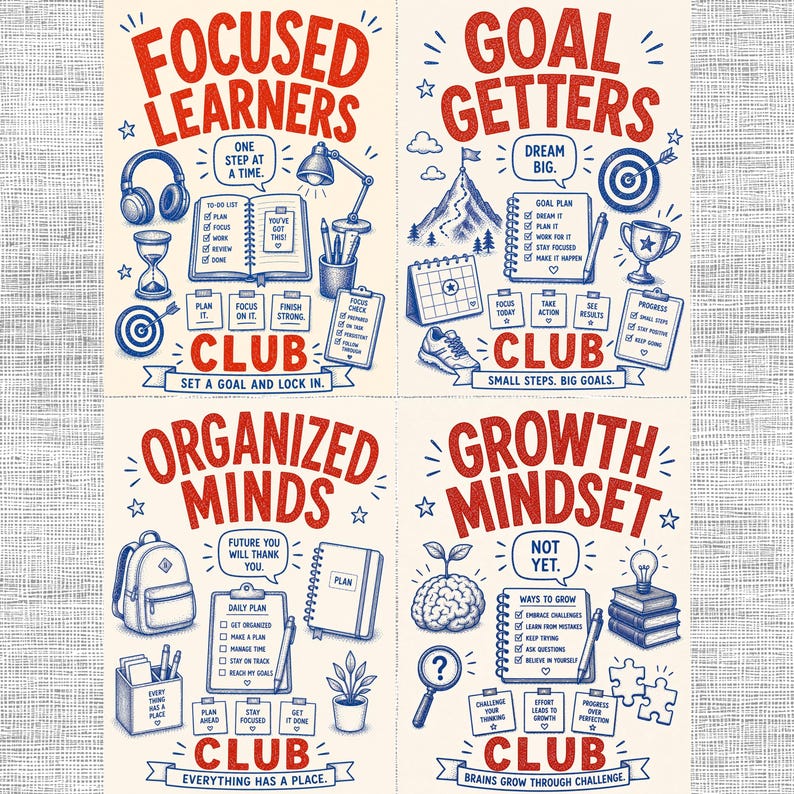 May include: Four educational posters featuring red and blue illustrations on a cream background. Each poster displays a club title: Focused Learners, Goal Getters, Organized Minds, and Growth Mindset, accompanied by related icons and motivational text.