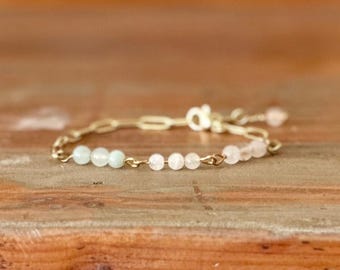 Healthy Pregnancy Fertility Crystal Bracelet, Gift for Mother to Be, Rose Quartz, Aquamarine, Moonstone, Gold Paperclip Chain, IVF Support
