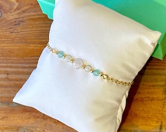 Healthy Pregnancy Fertility Crystal Bracelet, Gift for Mother to Be, Rose Quartz, Aquamarine, Moonstone, Dainty Gold Chain, IVF Support Gift