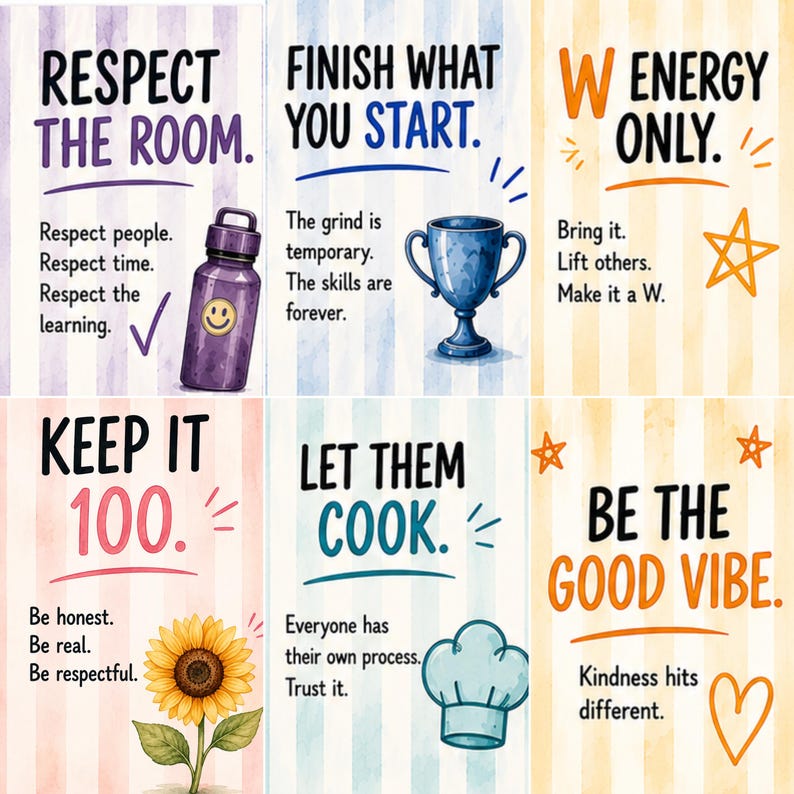 May include: A set of six motivational posters with vertical stripes, featuring illustrations of a purple water bottle, a blue trophy, a sunflower, and a chef hat. Each poster includes bold black text with phrases like Respect the Room, Finish What You Start, W Energy Only, Keep it 100, Let Them Cook, and Be the Good Vibe.