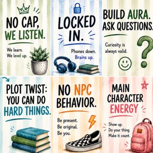 May include: A set of six motivational posters with striped backgrounds, featuring illustrations of a succulent, headphones, books, a sneaker, and a backpack. Each poster includes bold text such as No Cap, Locked In, Build Aura, Plot Twist, No NPC Behavior, and Main Character Energy.
