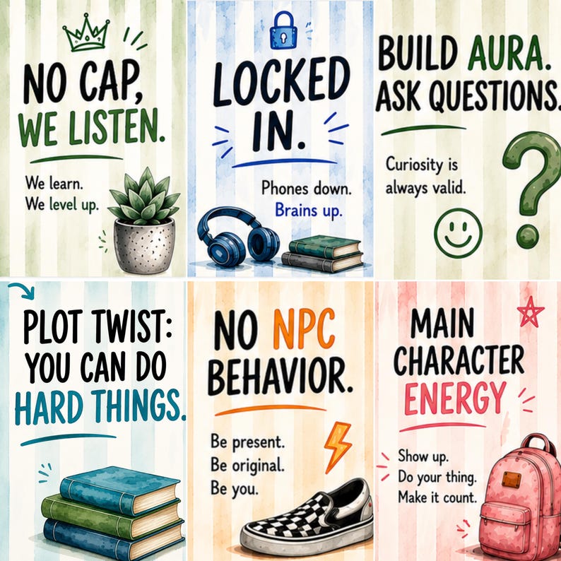 May include: A set of six motivational posters with striped backgrounds, featuring illustrations of a succulent, headphones, books, a sneaker, and a backpack. Each poster includes bold text such as No Cap, Locked In, Build Aura, Plot Twist, No NPC Behavior, and Main Character Energy.