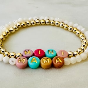 Personalized Mama and Mini Kids Name Bracelets, Mother Daughter Jewelery Set Gift for Mom, Custom Word Gemstone Beaded Stretch Bracelet