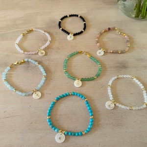 Custom Initial Beaded Gemstone and 14k gold bracelet, Bracelet Stack, Personalized Kids Initial Jewelry for Mom, New Mama Baby Shower Gift
