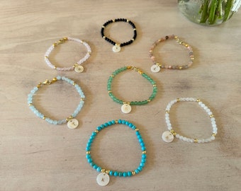 Custom Initial Gemstone Bracelet, 14k Gold Filled, Personalized Beaded Jewelry