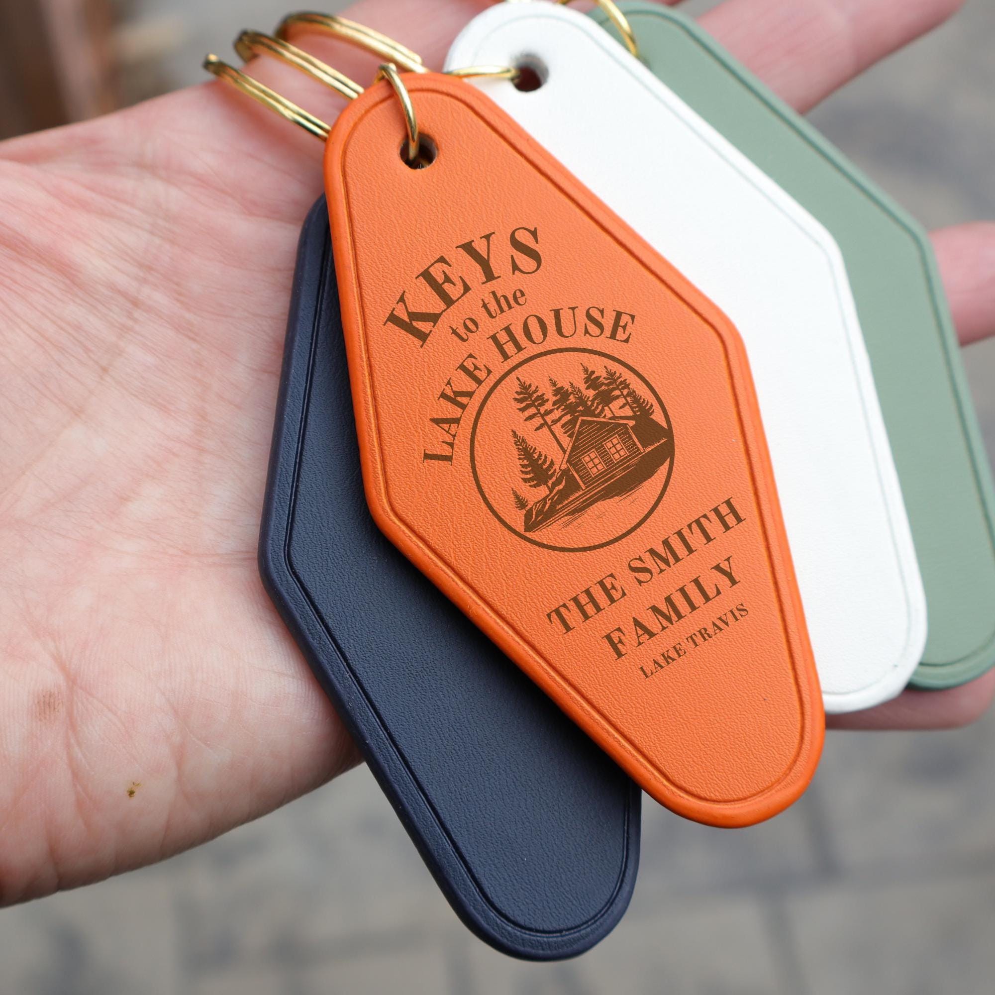 Keys to the Lake House Hotel Style Keychain, Custom Personalized Motel Key Ring, Camp Trip Bachelor Party Favor, Family Weekend Gift for Dad