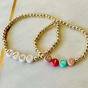 Personalized Mama and Mini Kids Name Bracelets, Mother Daughter Jewelery Set Gift for Mom, Custom Word Gemstone Beaded Stretch Bracelet