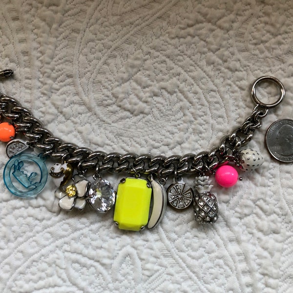 Vintage Juicy Couture Silver Tone and Colorful Mixed Tropical Fruit and Jewels Toggle Charm Bracelet