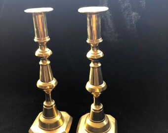 Pair of Antique Push-Up Brass Candlesticks