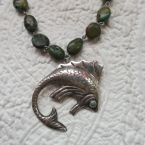 Artisan Made Green Turquoise and Vintage Sterling Silver and Turquoise Fish Pendant Necklace