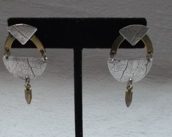 Pair of Artisan Made Mixed Metal Textured Pierced Dangle Earrings