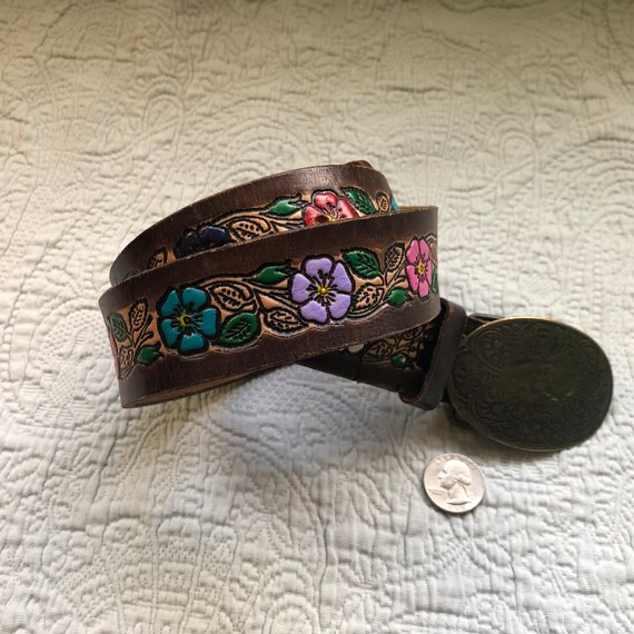 Vintage Hippie Leather Tooled and Painted Flowere… - image 1