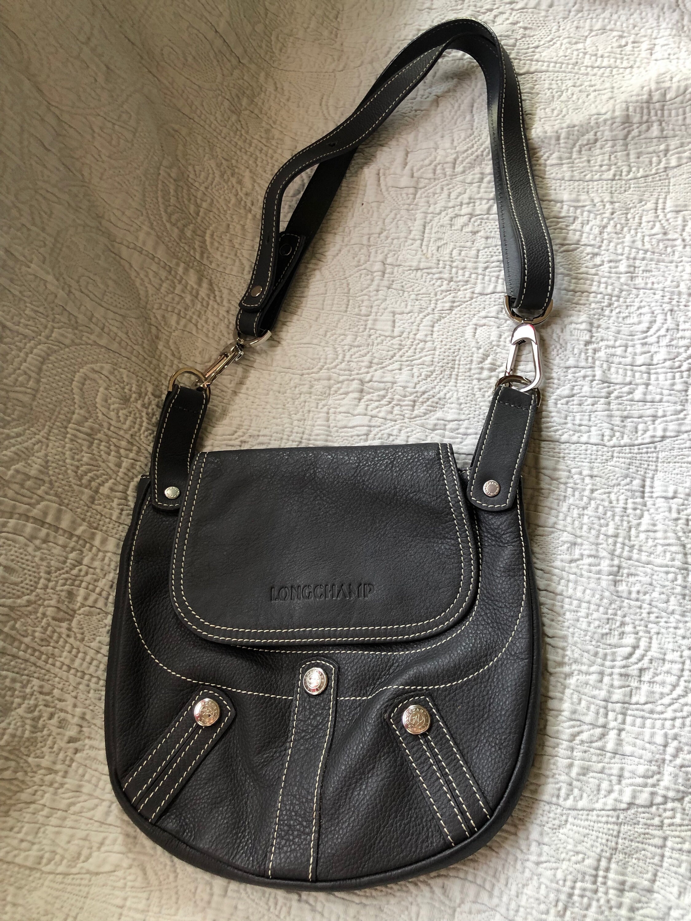 Vintage Gently Used Longchamp Pebbled Charcoal Grey and Silver 