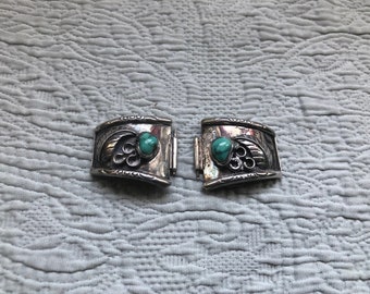 Set of Vintage American Indian Navajo Sterling Silver and Turquoise Watch Band Side Pieces
