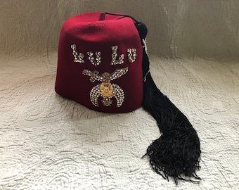 Vintage Shriners Burgundy Wool Fez "LuLu" With Aurora Borealis Rhinestone Decoration